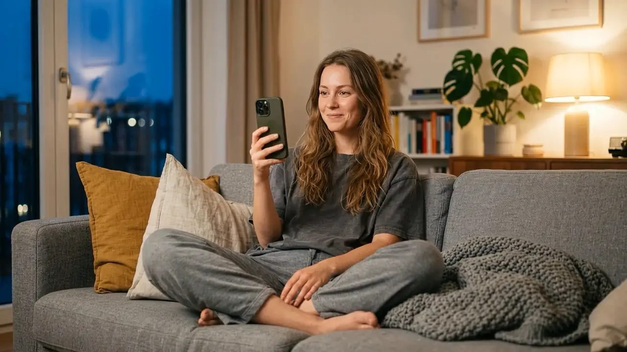 A woman sitting cross-legged on a sofa at home in the evening, holding her phone up for a video call.