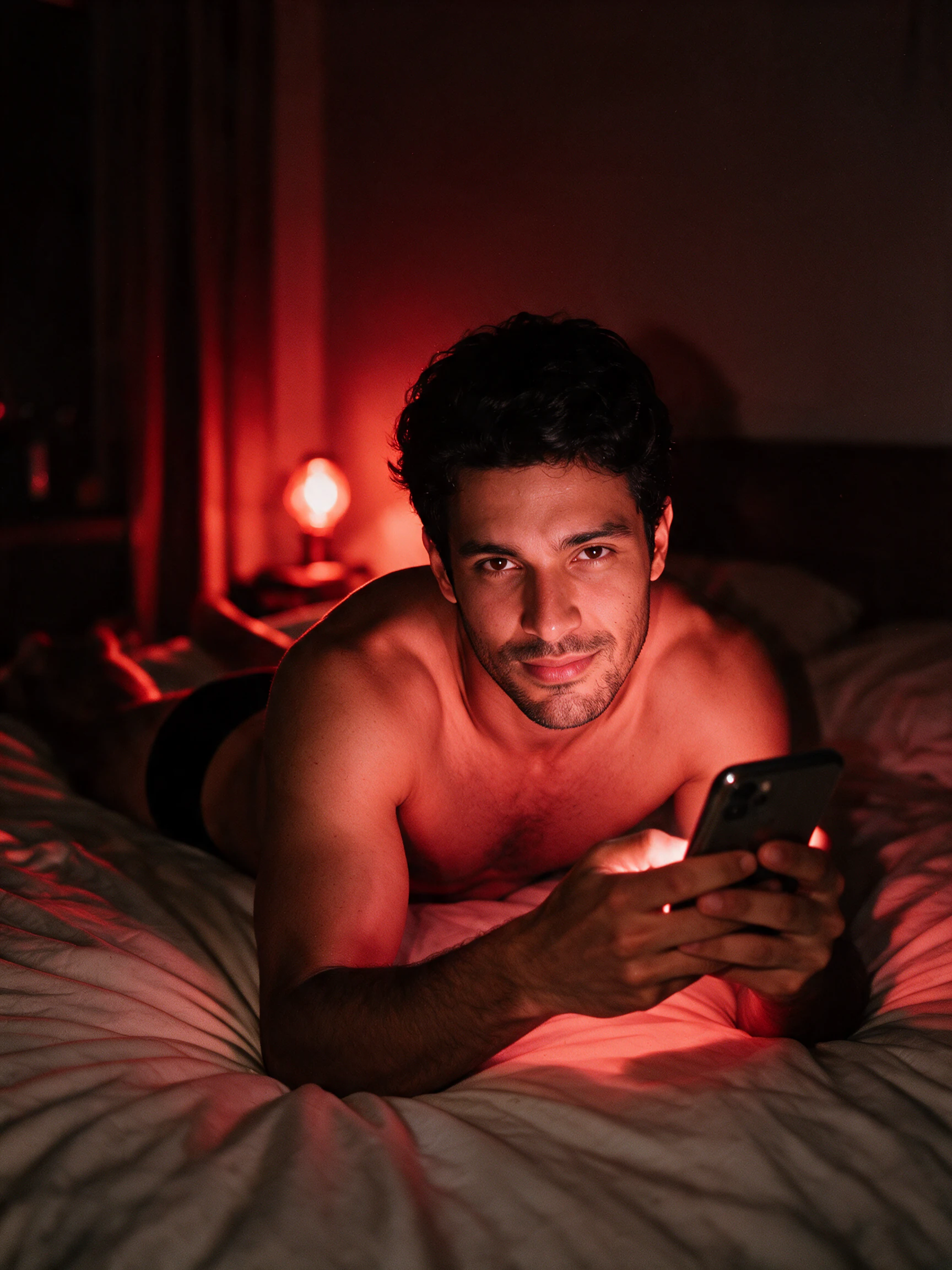 A smiling man lying on his bed under a red lamp, holding his phone