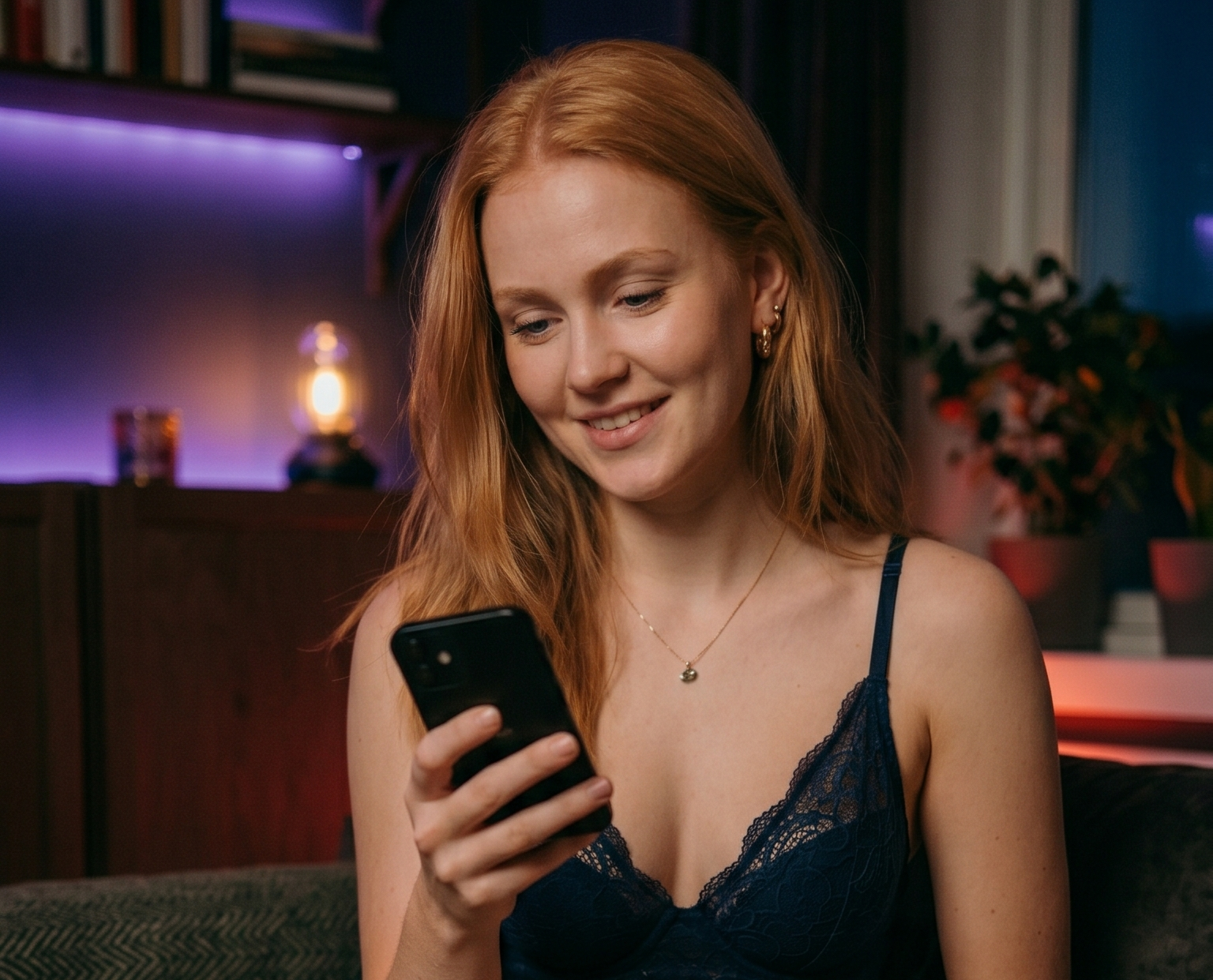 Woman on a late-night video chat