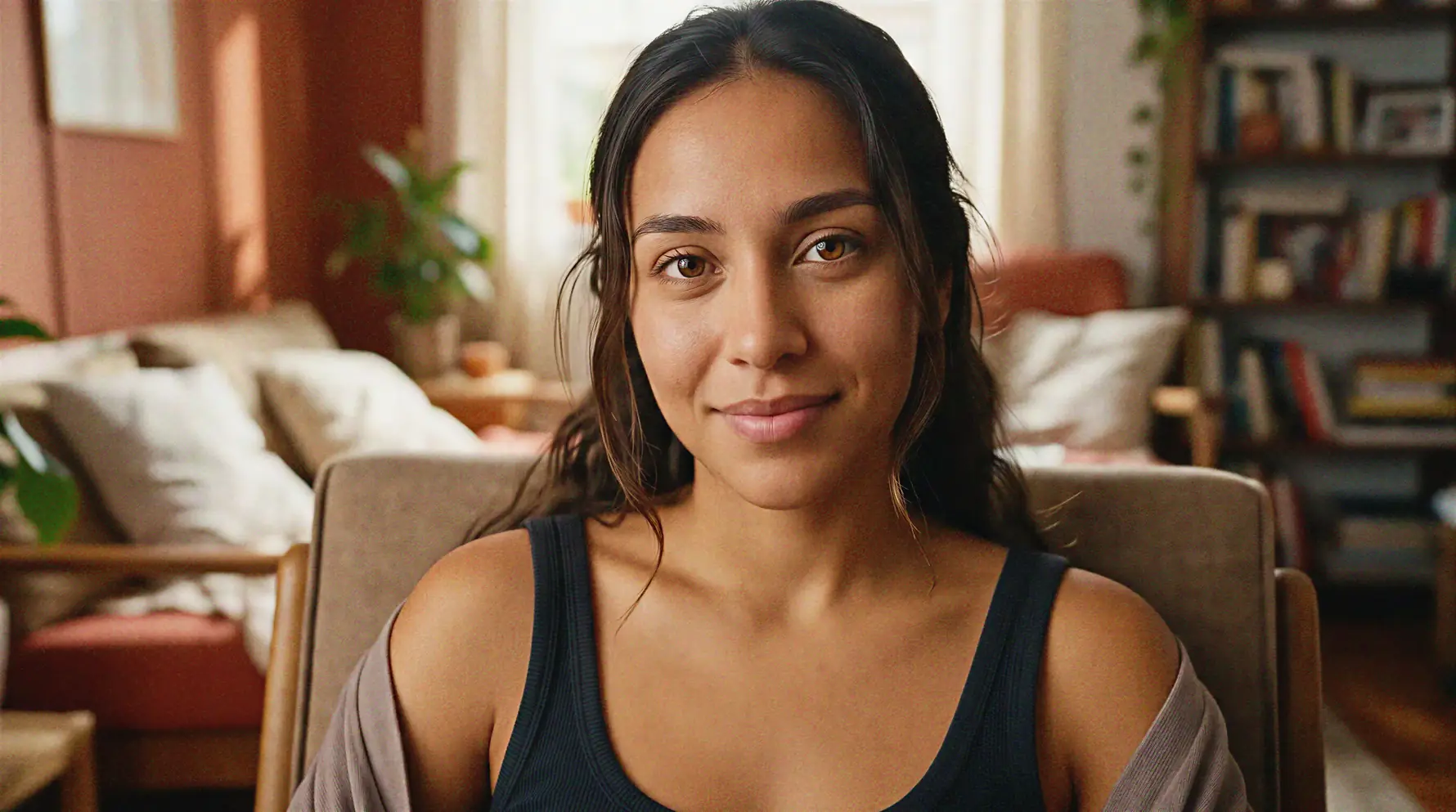 A woman in a dark tank top smiling in a wooden armchair, with terracotta walls and a bookshelf behind her