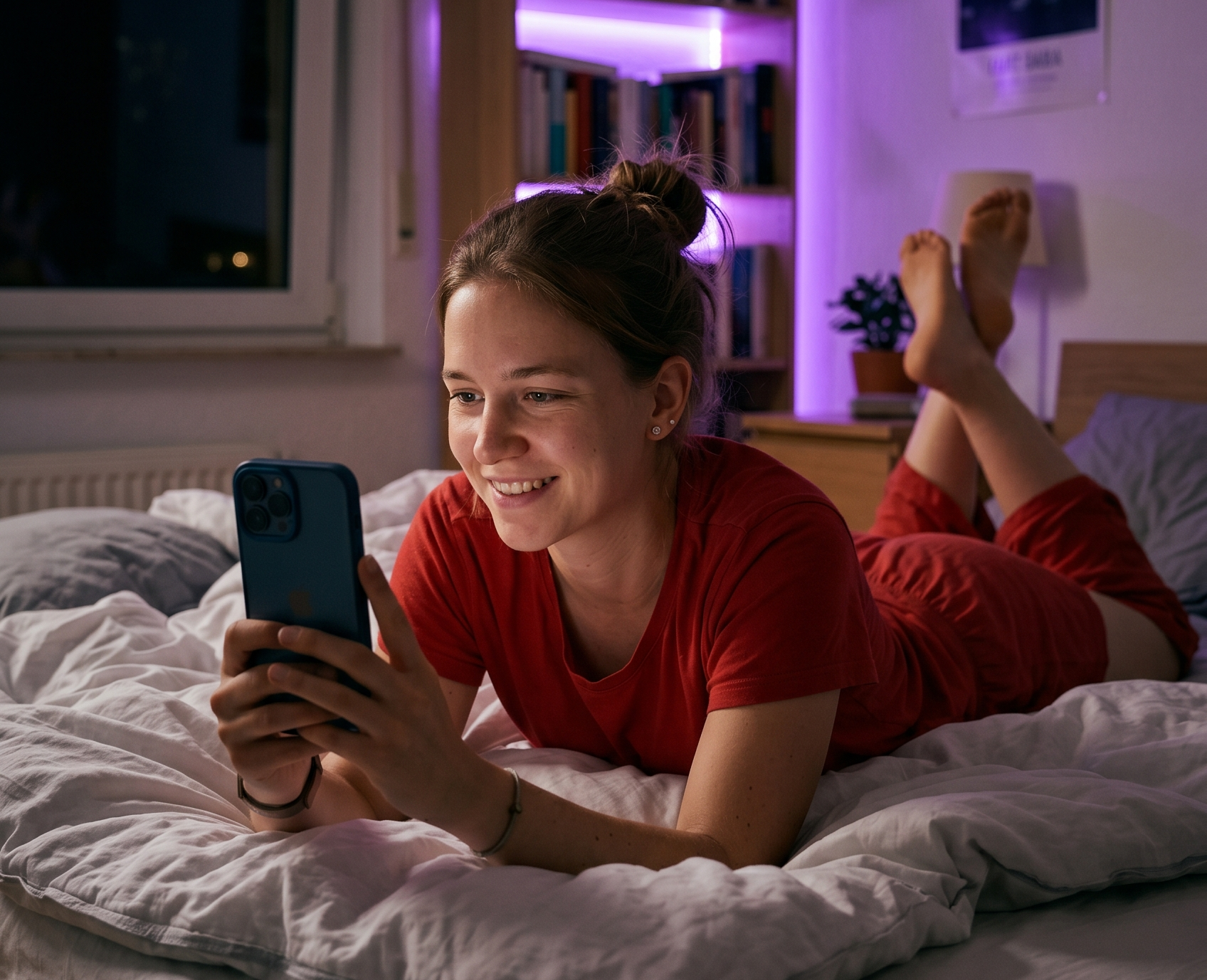 A woman smiling at her laptop in a cozy home setup, showing how easy it is to start streaming with Salsa